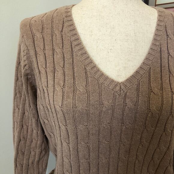 VTG 90s Taupe Cable Knit V-Neck Sweater Quiet Luxury Classic Preppy Tag L Fits M - Picture 3 of 9